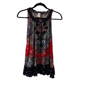 BILA Top Paisley Tunic Blouse Sleeveless Ruffled Hem Tassels Boho Womens Size S